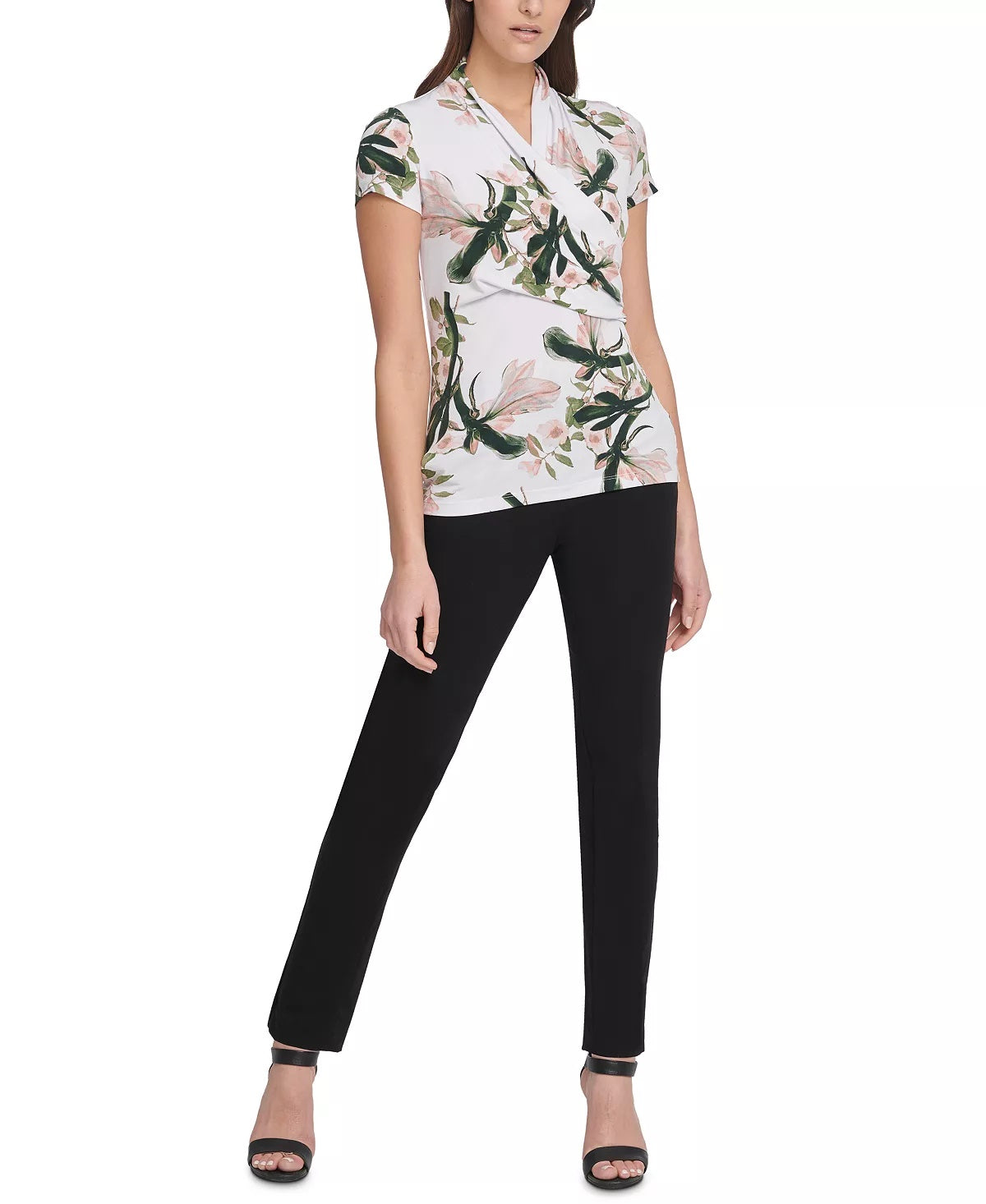 Blusa franzida com estampa floral feminina DKNY, branca, tamanho X-G