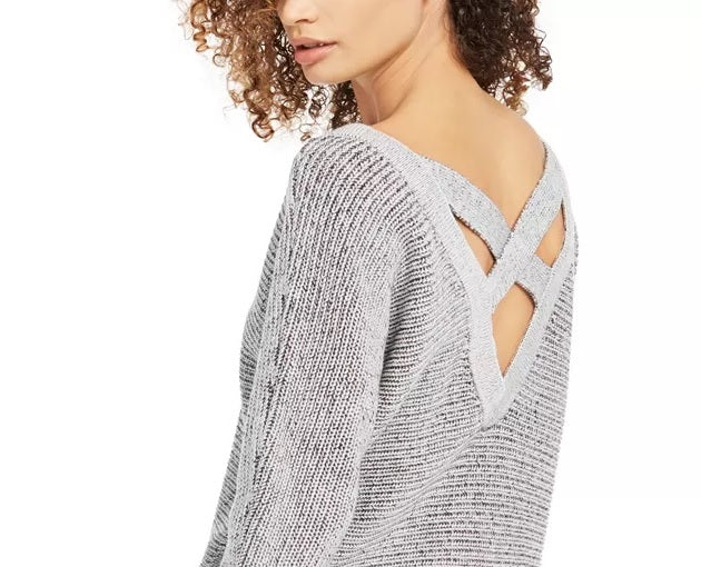 Suéter túnica feminino Bar III com costas cruzadas, cinza, tamanho médio