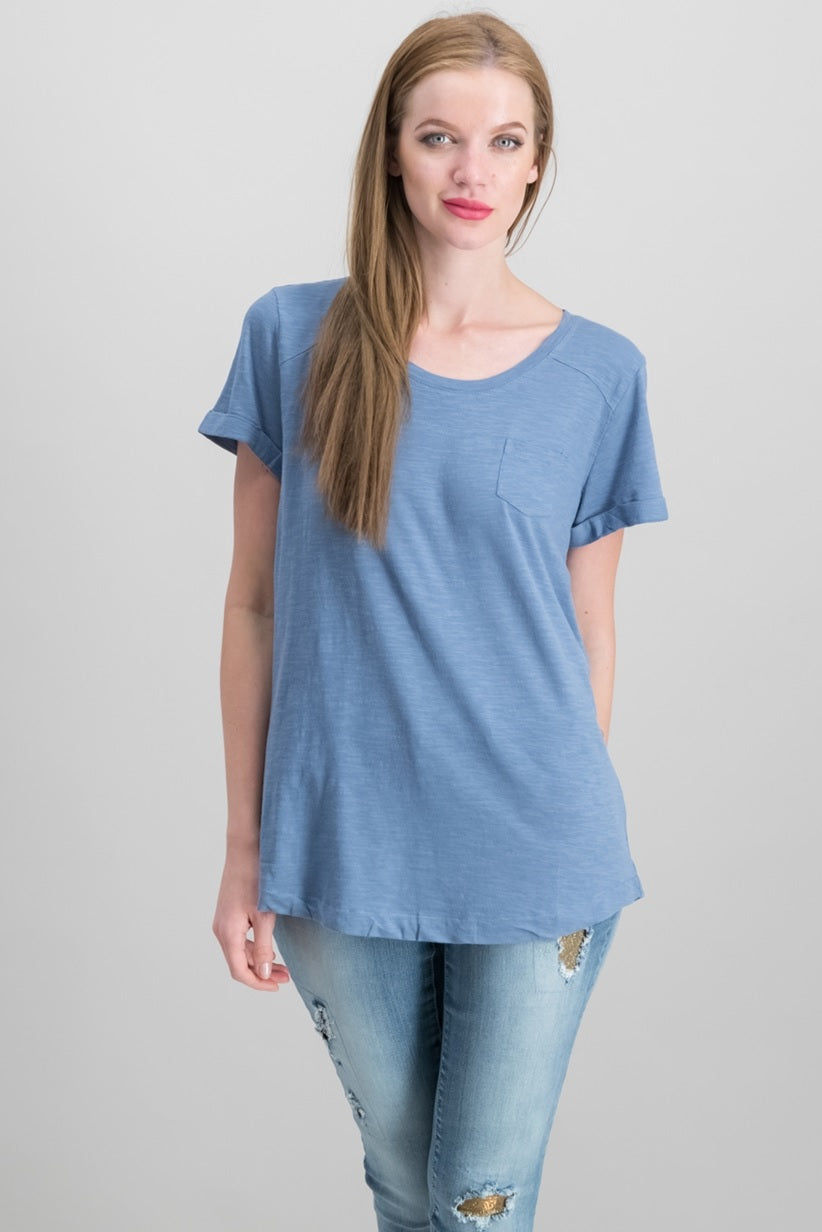 Camiseta feminina de algodão com mangas abotoadas Style &amp; Co, azul, tamanho pequeno