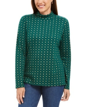 Karen Scott Blusa Feminina com Estampa de Flocos de Neve e Gola Alta Verde Tamanho P