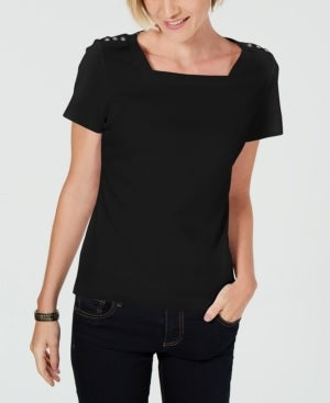 Camiseta feminina Karen Scott Petite com gola quadrada, preta, tamanho médio