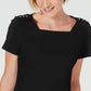 Camiseta feminina Karen Scott Petite com gola quadrada, preta, tamanho médio