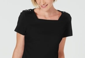 Camiseta feminina Karen Scott Petite com gola quadrada, preta, tamanho médio