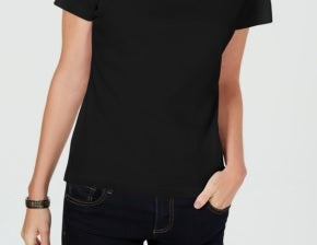 Camiseta feminina Karen Scott Petite com gola quadrada, preta, tamanho médio