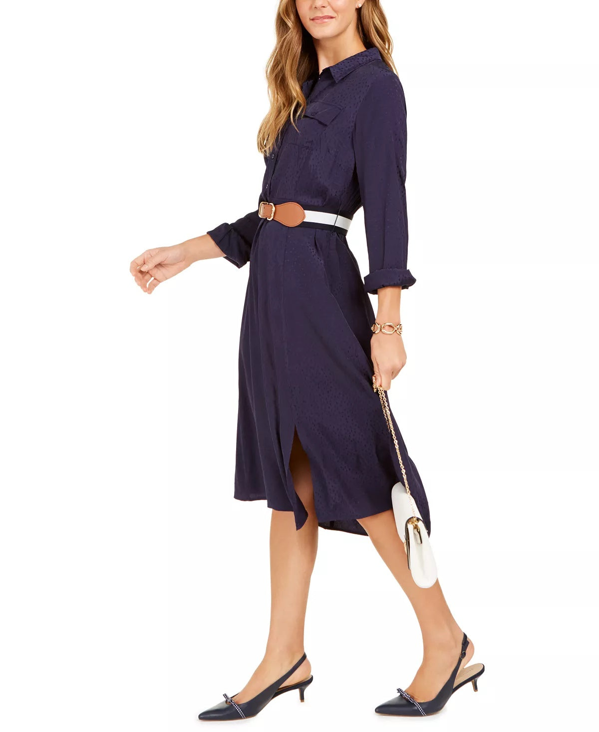 Vestido feminino Charter Club com cinto e botões frontais, estampa jacquard, tamanho grande, azul