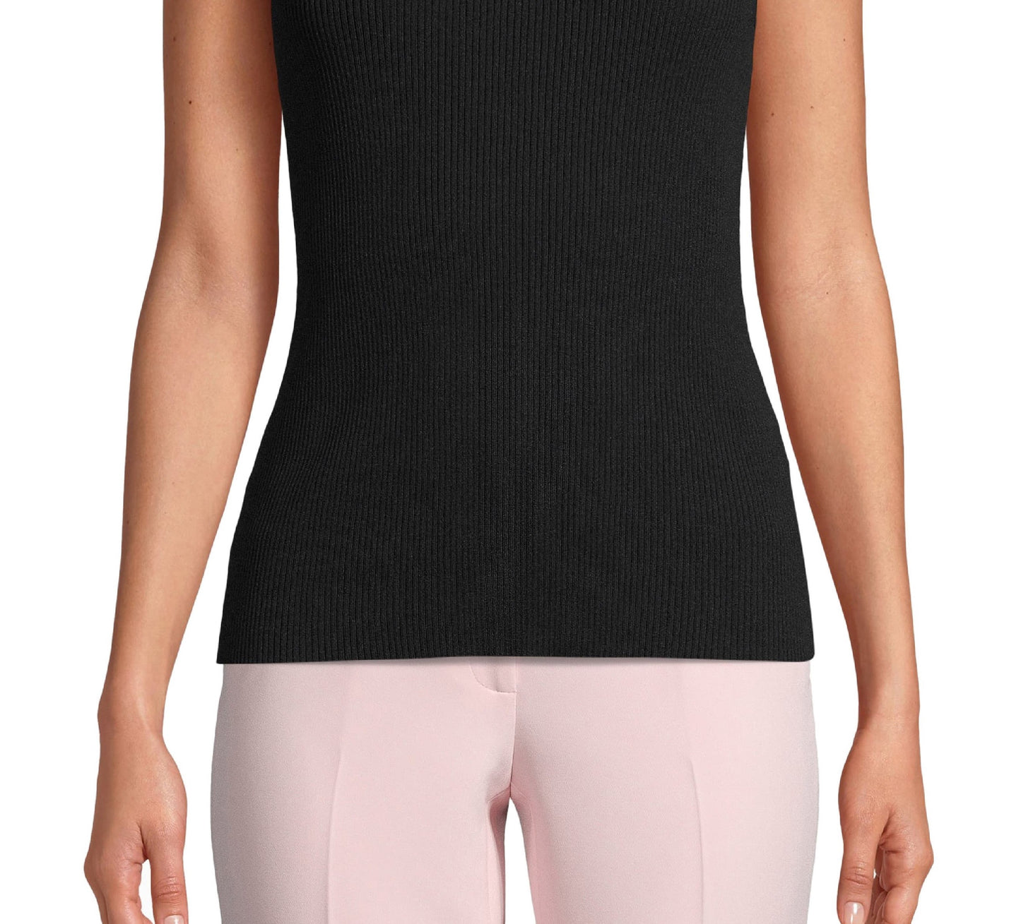 Blusa feminina Anne Klein canelada com babados e gola alta, preta, tamanho XS