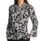 Blusa plissada com estampa floral DKNY feminina, tamanho extragrande, na cor carvão