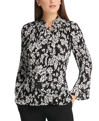 DKNY Women's Floral-Printed Pleated Top Charcoal Size X-Large