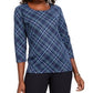 Karen Scott Blusa feminina xadrez com detalhes e manga 3/4, azul, tamanho XS