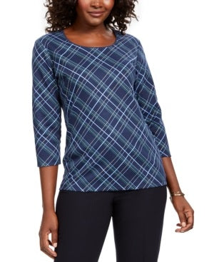 Karen Scott Blusa feminina xadrez com detalhes e manga 3/4, azul, tamanho XS