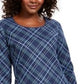 Karen Scott Blusa feminina xadrez com detalhes e manga 3/4, azul, tamanho XS