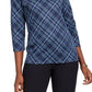 Karen Scott Blusa feminina xadrez com detalhes e manga 3/4, azul, tamanho XS