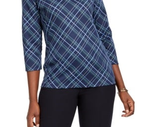 Karen Scott Blusa feminina xadrez com detalhes e manga 3/4, azul, tamanho XS