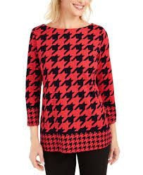 Blusa feminina Charter Club com estampa pied-de-poule e manga 3/4, vermelha, tamanho médio