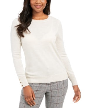 Suéter feminino de lã merino com punho de botão e gola redonda, tamanho pequeno, cor marfim