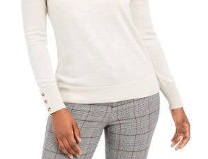 Suéter feminino de lã merino com punho de botão e gola redonda, tamanho pequeno, cor marfim