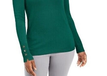 Suéter feminino JM Collection com punho de botão e gola redonda, verde Highland, tamanho pequeno