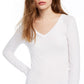 Camiseta feminina com decote em V canelado esplêndida, branca, tamanho extragrande