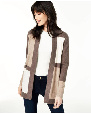 Cardigan feminino de cashmere puro com blocos de cores Charter Club, marrom/branco, tamanho grande
