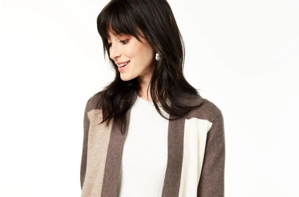 Cardigan feminino de cashmere puro com blocos de cores Charter Club, marrom/branco, tamanho grande