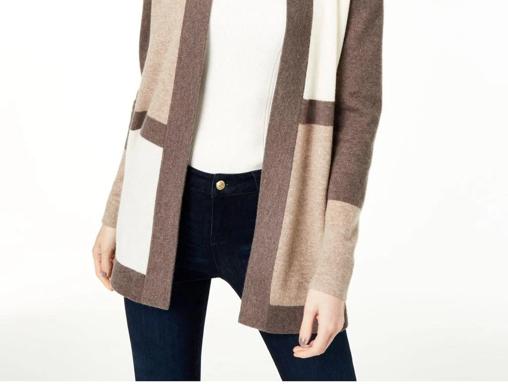 Cardigan feminino de cashmere puro com blocos de cores Charter Club, marrom/branco, tamanho grande