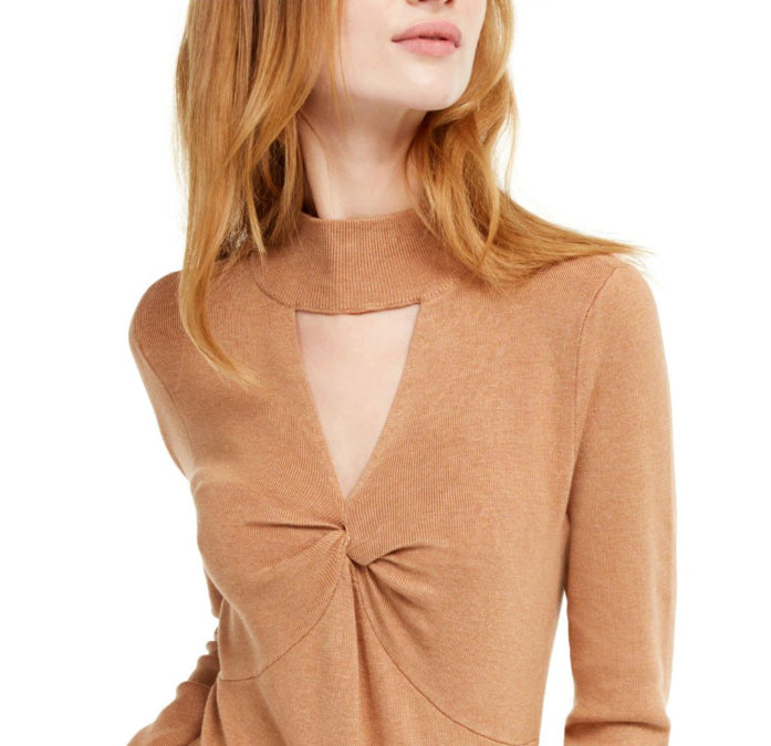 Suéter feminino com decote falso e torção estilo buraco de fechadura, marrom, tamanho grande, da INC International Concepts