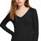 Camiseta feminina com decote em V canelado e esplêndida, preta, tamanho médio