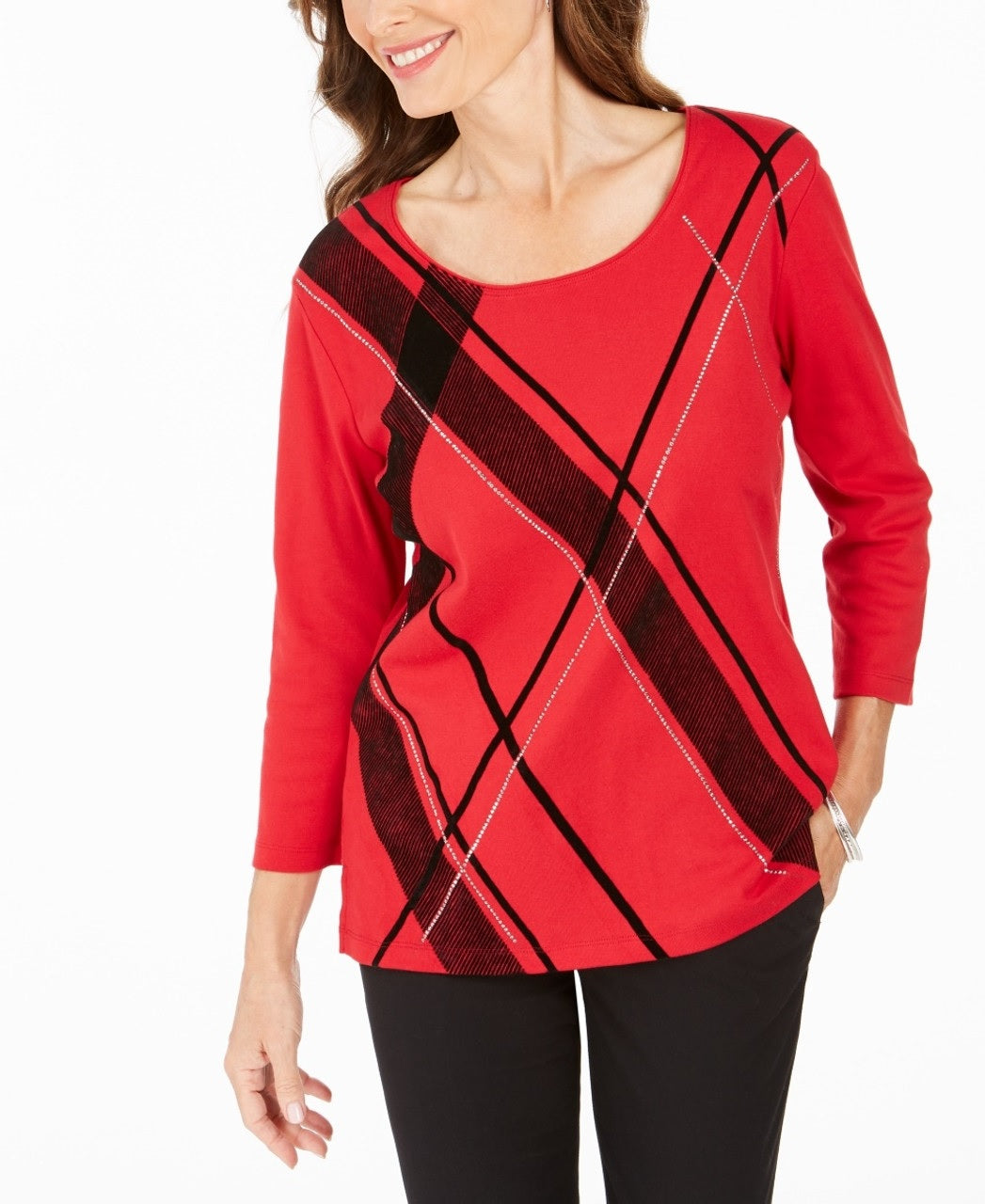 Blusa feminina Karen Scott com decote redondo e estampa gráfica, vermelha, tamanho PS