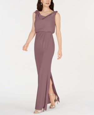Adrianna Papell Women's Slitted Solid Sleeveless Cowl Neck Maxi Sheath Straight Leg Evening Dress Rose Size 2