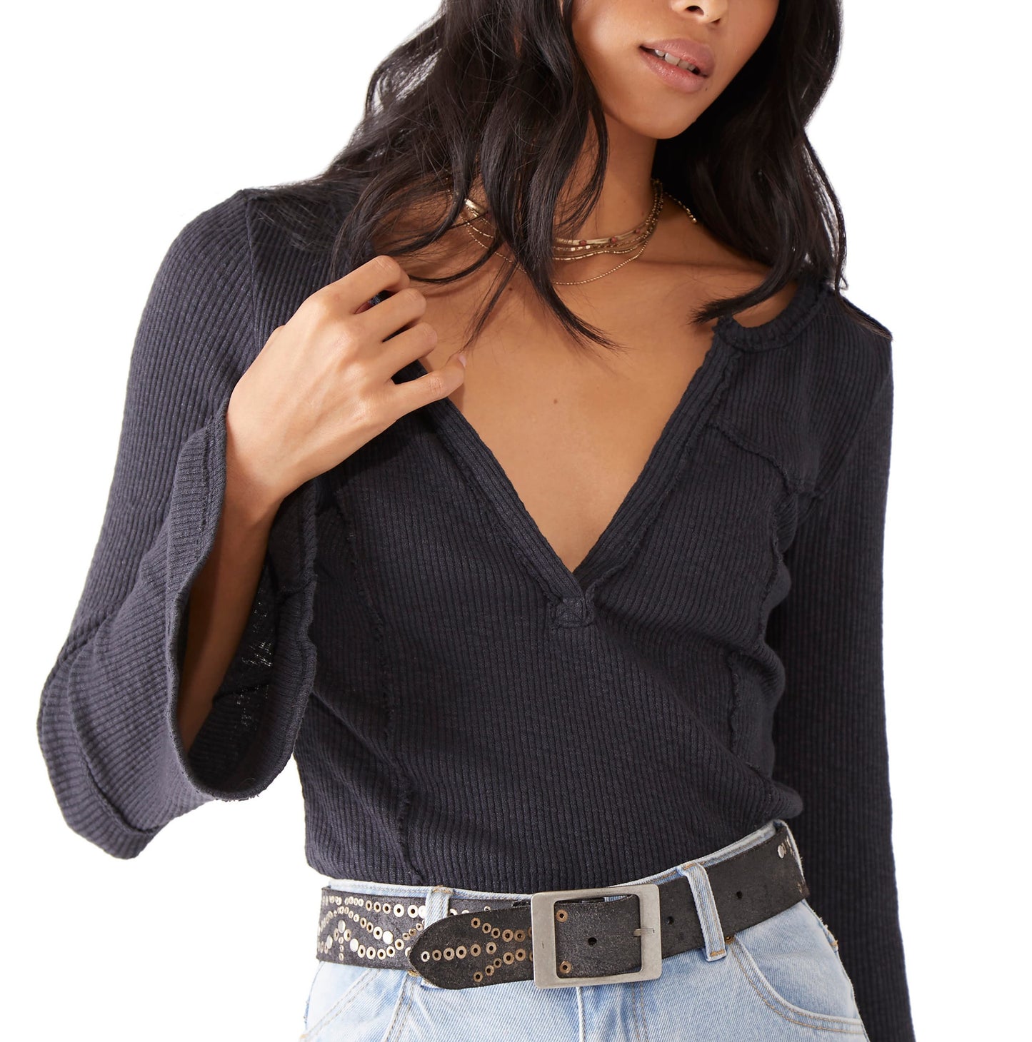 Camiseta feminina Give Me A Little com manga sino canelada, preta, tamanho pequeno, da Free People