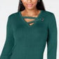Top feminino JM Collection Petite com ilhós e decote em V, verde, tamanho PL