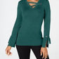 Top feminino JM Collection Petite com ilhós e decote em V, verde, tamanho PL