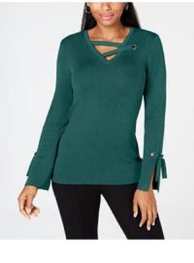 Top feminino JM Collection Petite com ilhós e decote em V, verde, tamanho PL