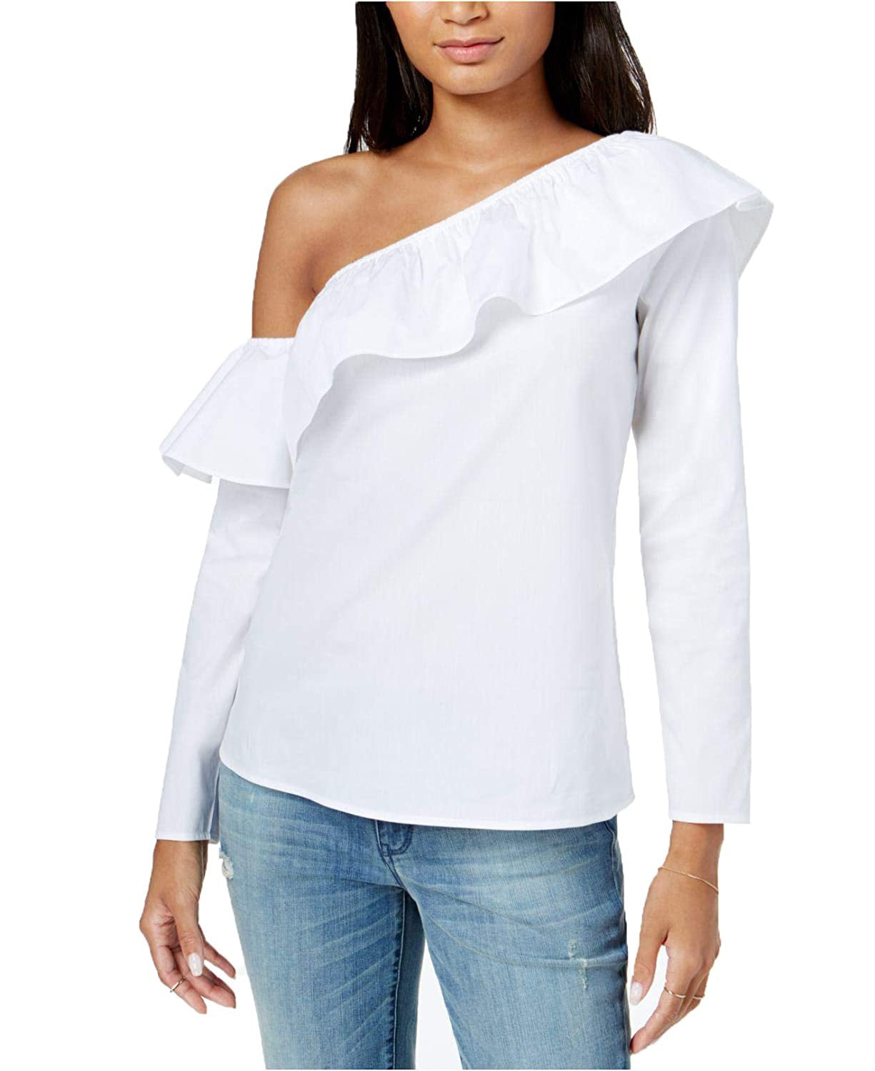 Blusa feminina Maison Jules com mangas franzidas, branca, tamanho médio
