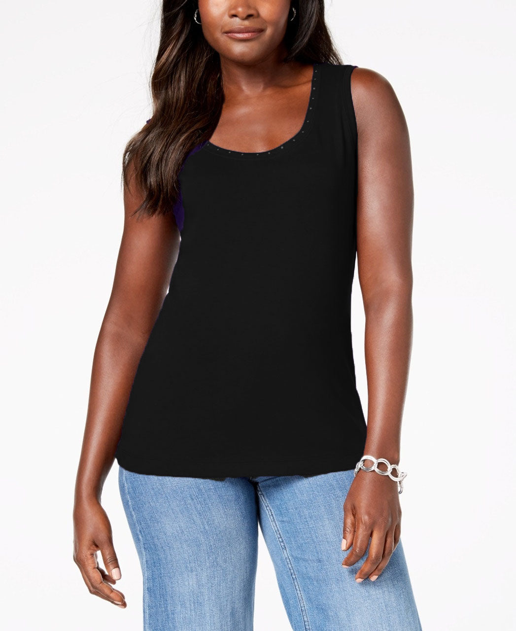 Regata feminina Karen Scott Petite Cotton com tachas, preta, tamanho médio