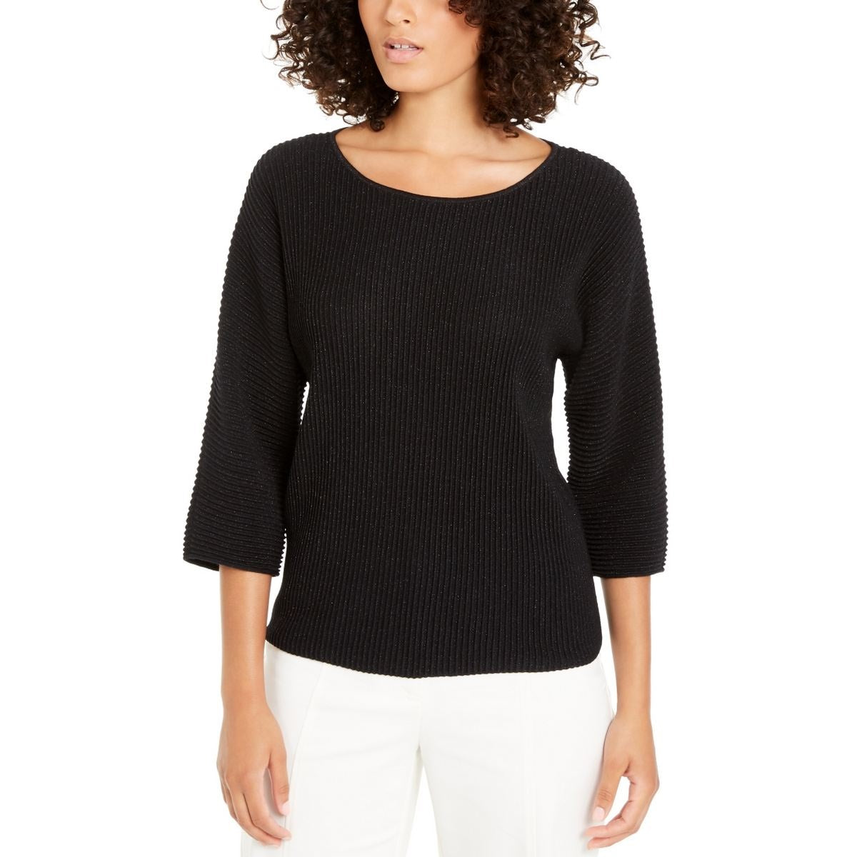 Suéter feminino Alfani de malha canelada metálica, preto, tamanho médio