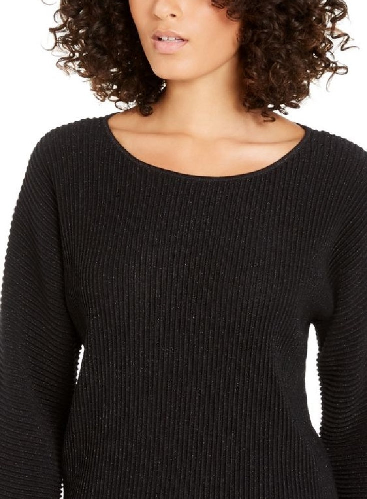 Suéter feminino Alfani de malha canelada metálica, preto, tamanho médio