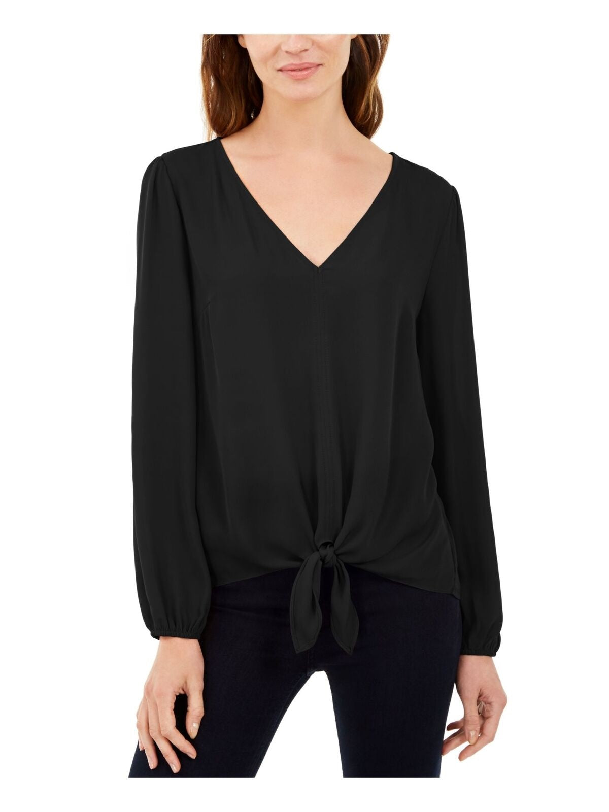 Blusa feminina INC International Concepts com manga bufante e amarração frontal, preta, tamanho pequeno