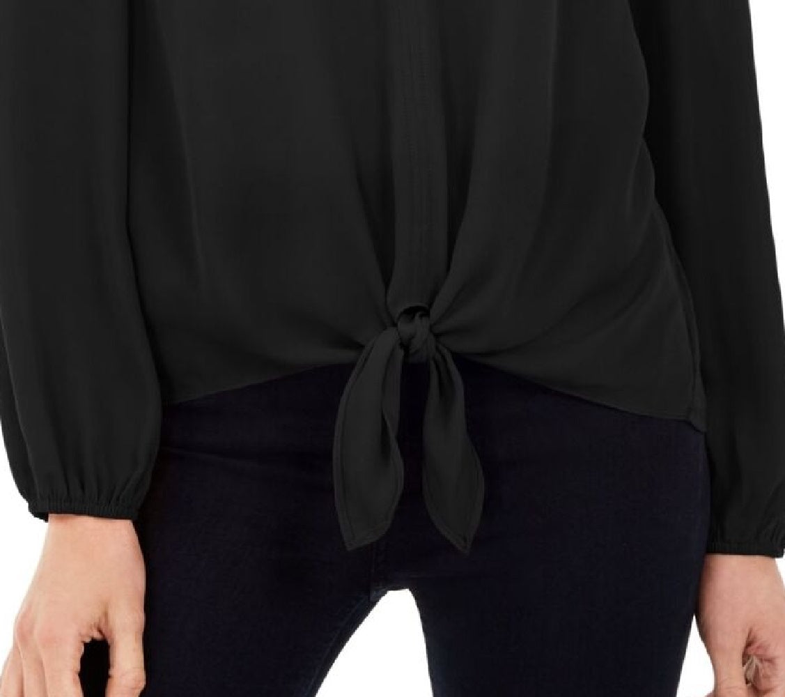 Blusa feminina INC International Concepts com manga bufante e amarração frontal, preta, tamanho pequeno