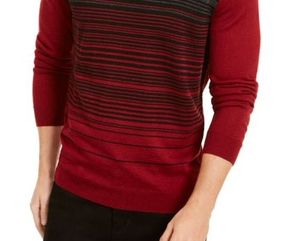 Alfani Masculino Listrado Manga Longa Gola Redonda Ajuste Clássico Mistura de Lã Suéter Vermelho Tamanho XX-G