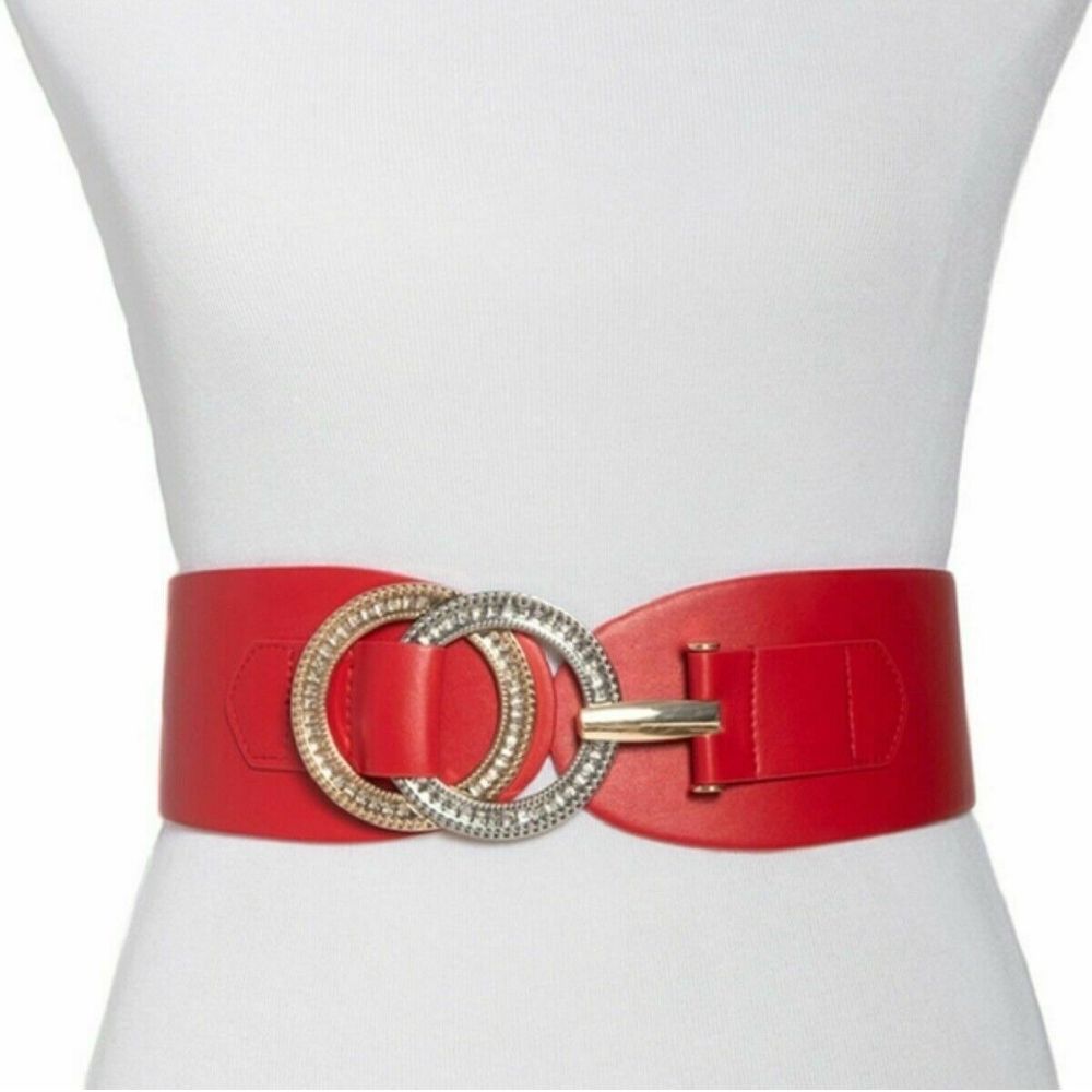 Cinto de couro elástico com strass e argola dupla INC feminino, vermelho, tamanho P/M