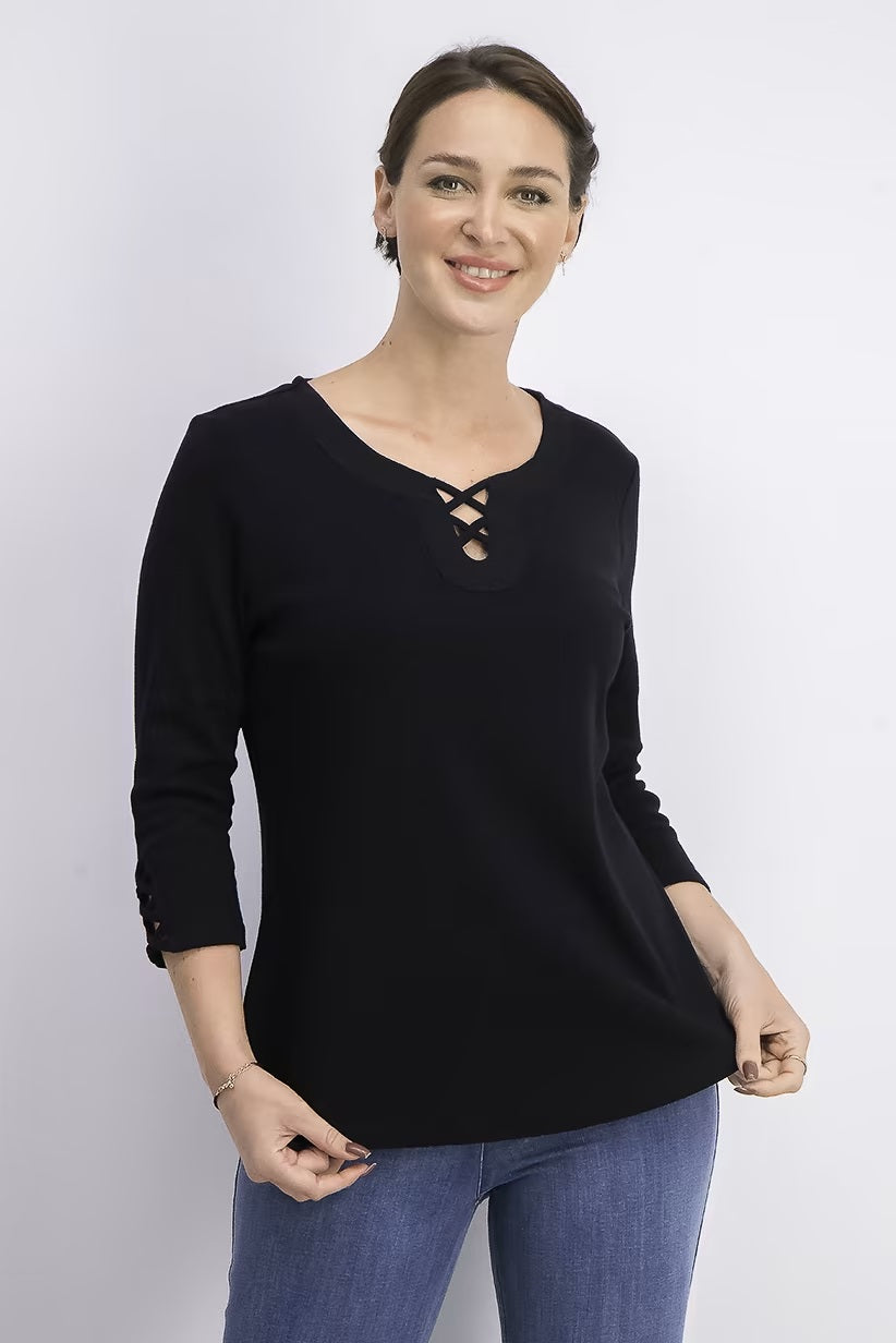 Camiseta feminina Karen Scott de algodão com cadarço, preta, tamanho médio