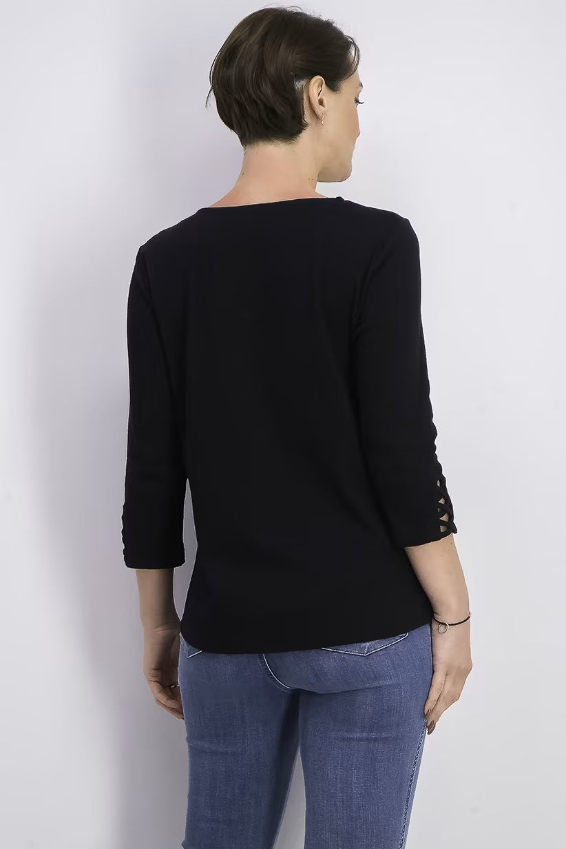 Camiseta feminina Karen Scott de algodão com cadarço, preta, tamanho médio