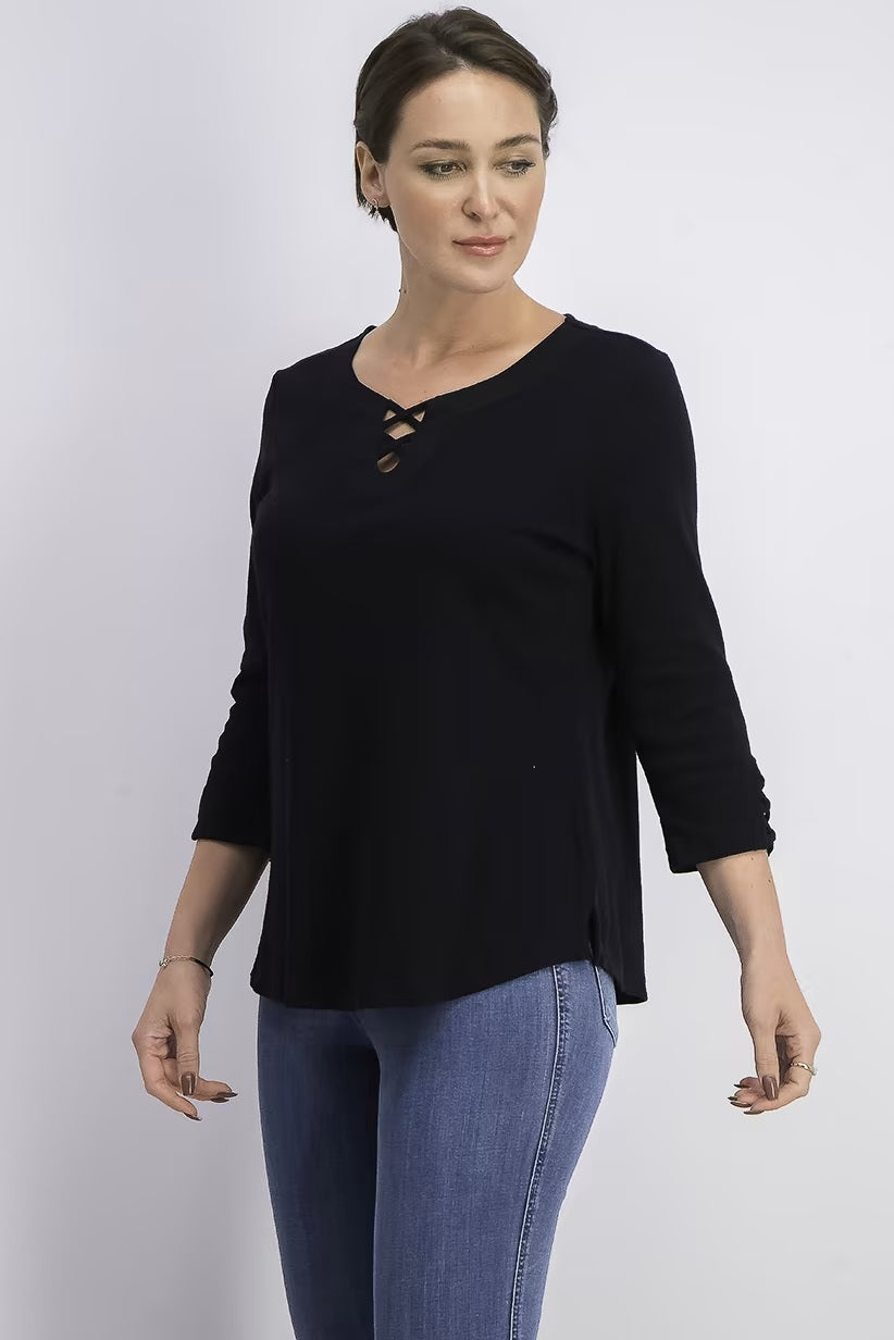 Camiseta feminina Karen Scott de algodão com cadarço, preta, tamanho médio
