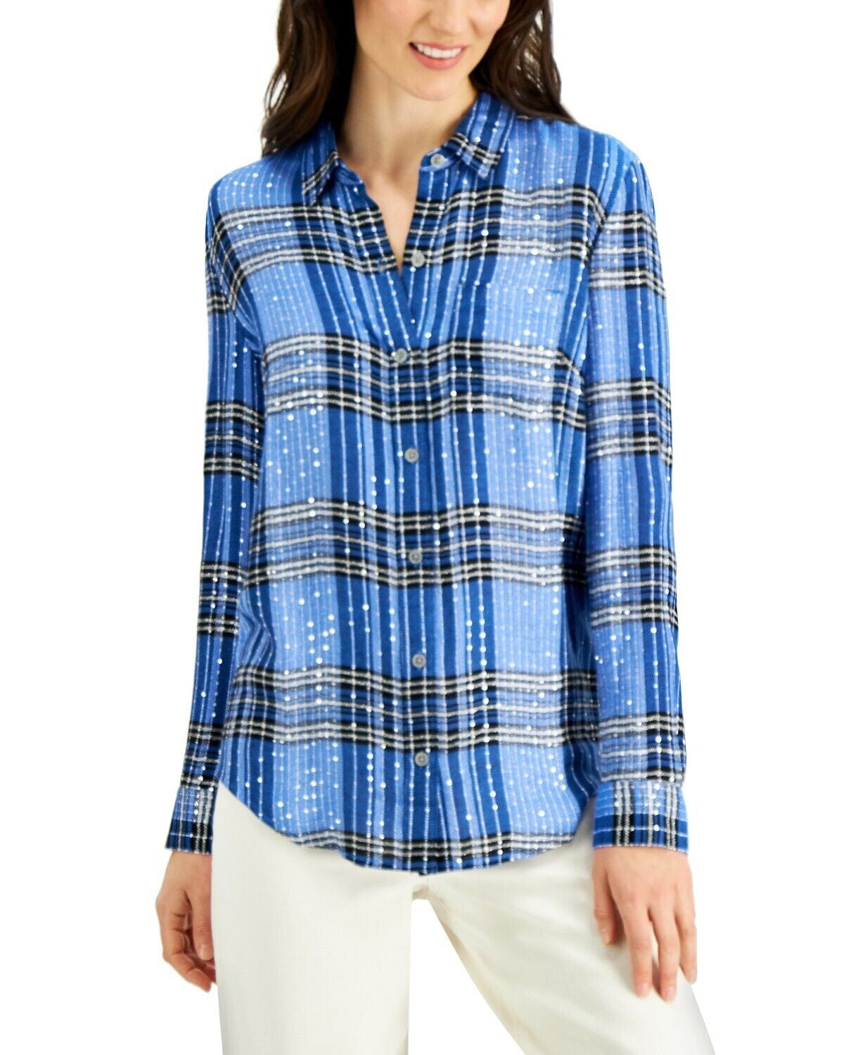 Camisa xadrez feminina com lantejoulas Style &amp; Co, azul/prateada, tamanho PP