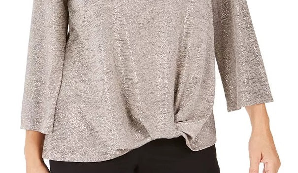 JM Collection Top Feminino com Bainha Torcida e Decote em V Cinza Tamanho Grande