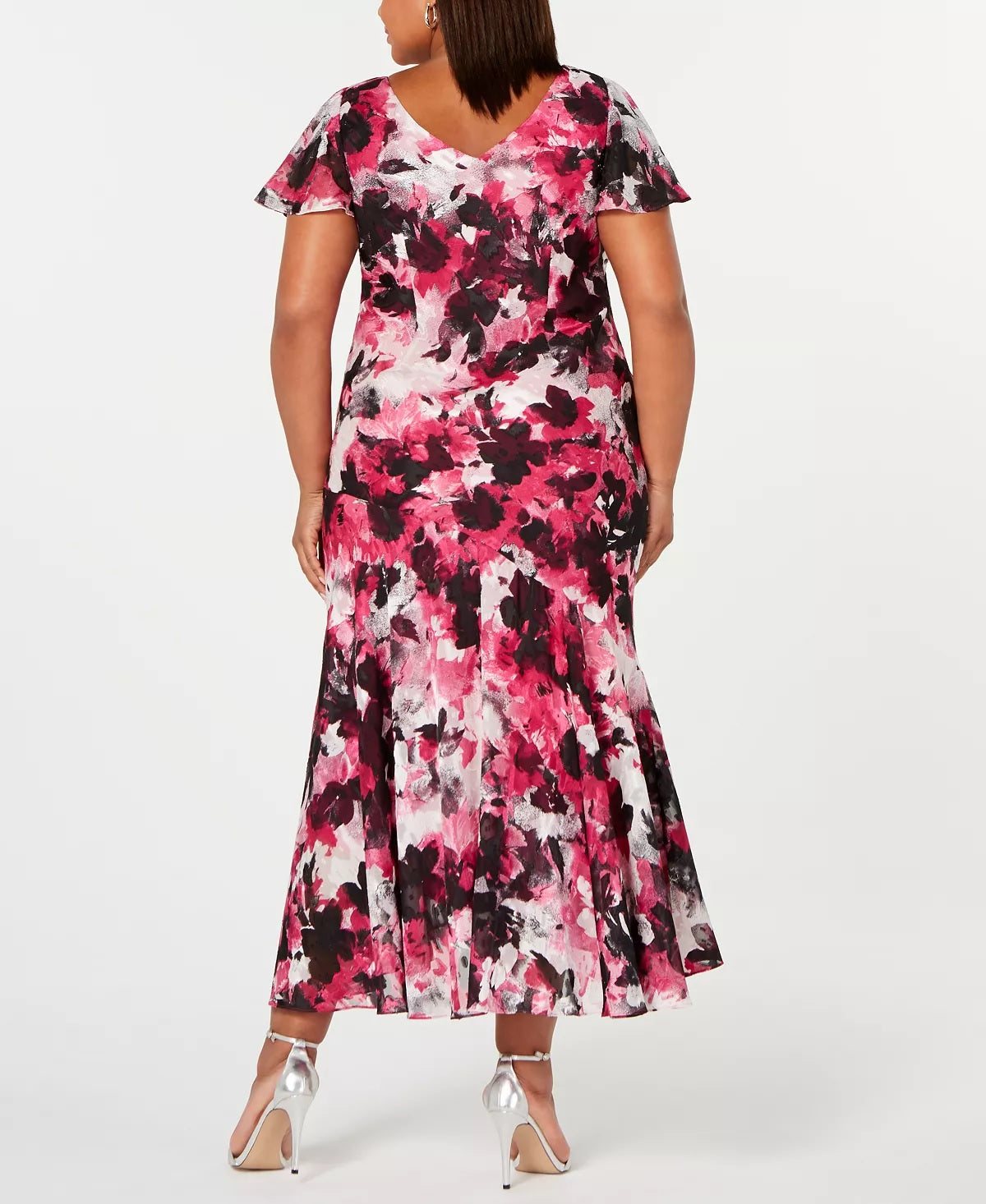 Vestido longo floral rosa com decote em V e manga curta Alex Evenings para mulheres, tamanho 18W