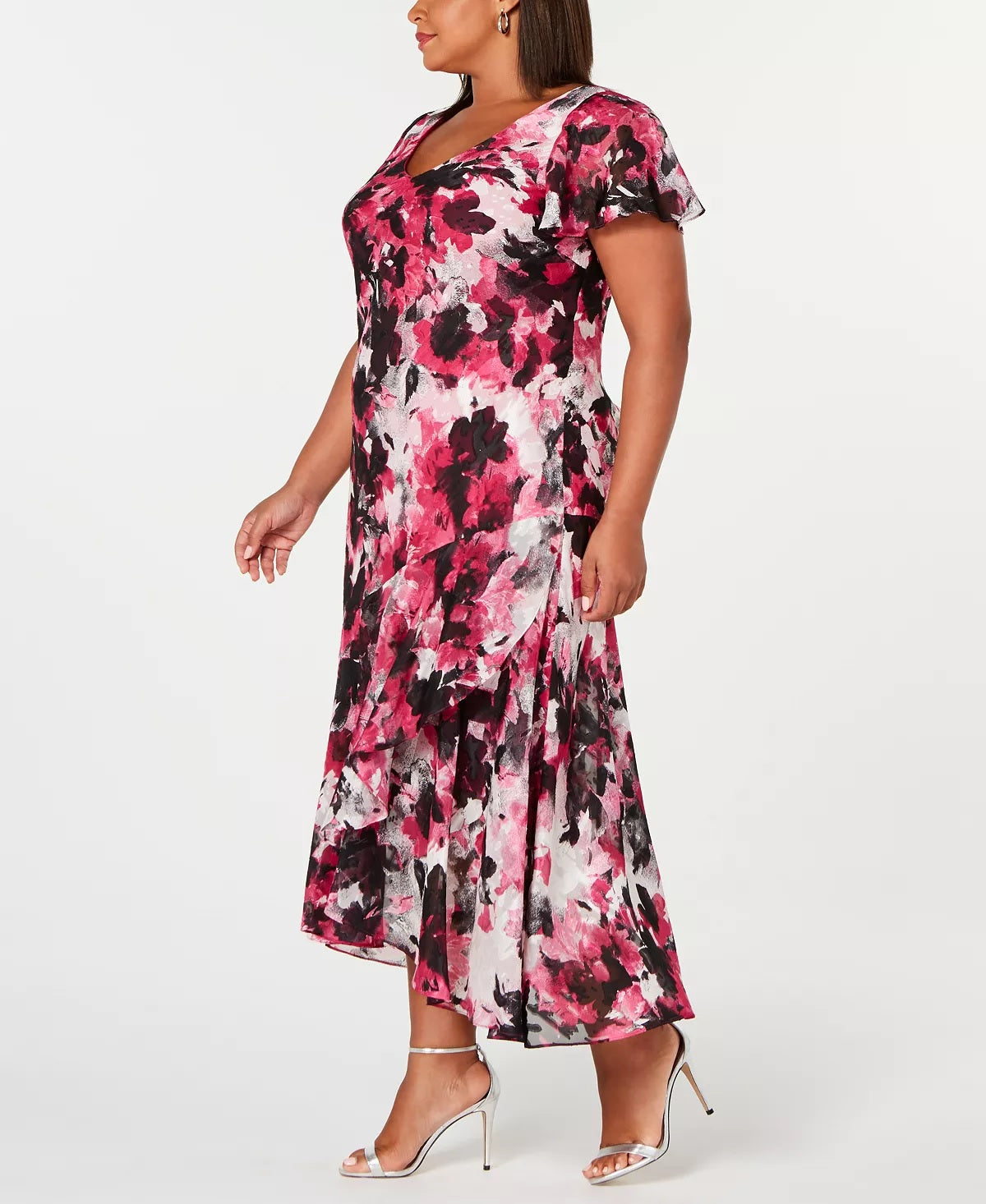 Vestido longo floral rosa com decote em V e manga curta Alex Evenings para mulheres, tamanho 18W