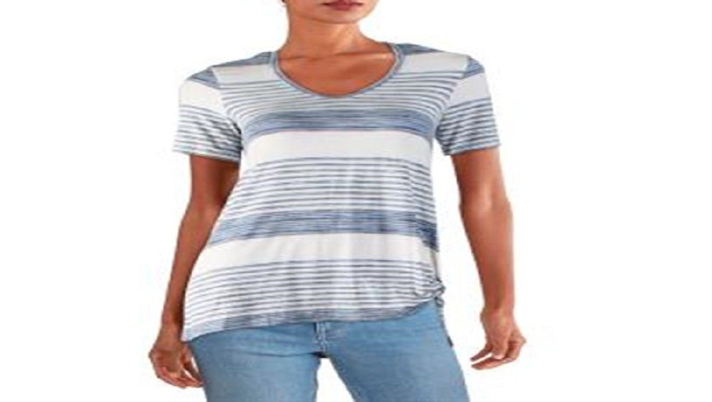 Camiseta feminina Karen Kane com listras laterais e nó lateral, azul, tamanho M