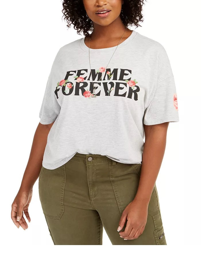 Camiseta feminina Love Tribe Plus Femme Forever Cropped Cinza Tamanho 1X